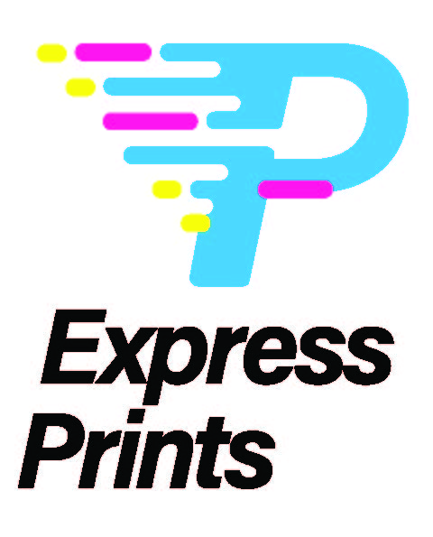Logotipo da Express Prints: monograma em ciano com rastros em magenta e amarelo